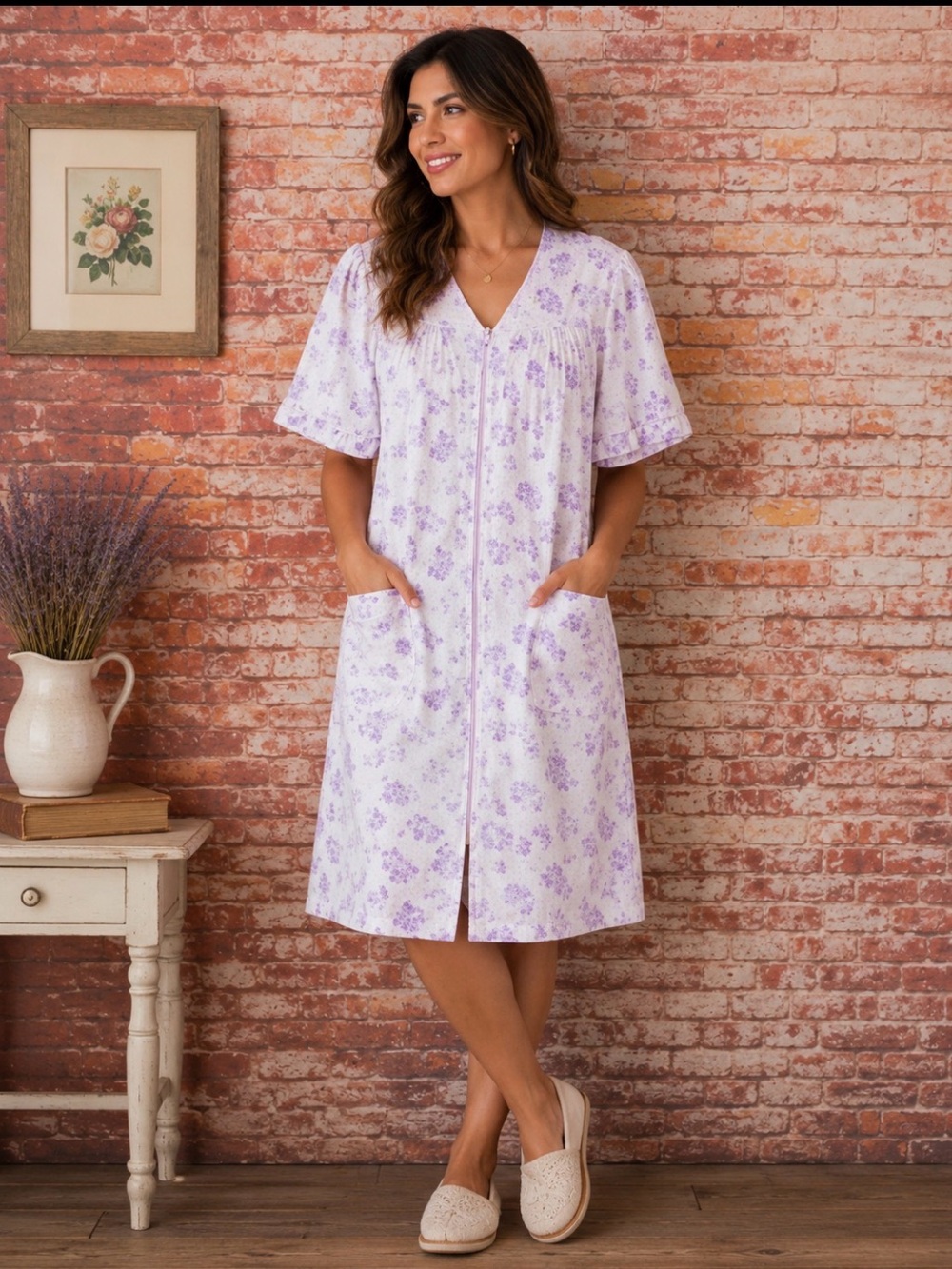 Vintage MCM  Bernette Lilac Floral Seersucker Duster House Dress